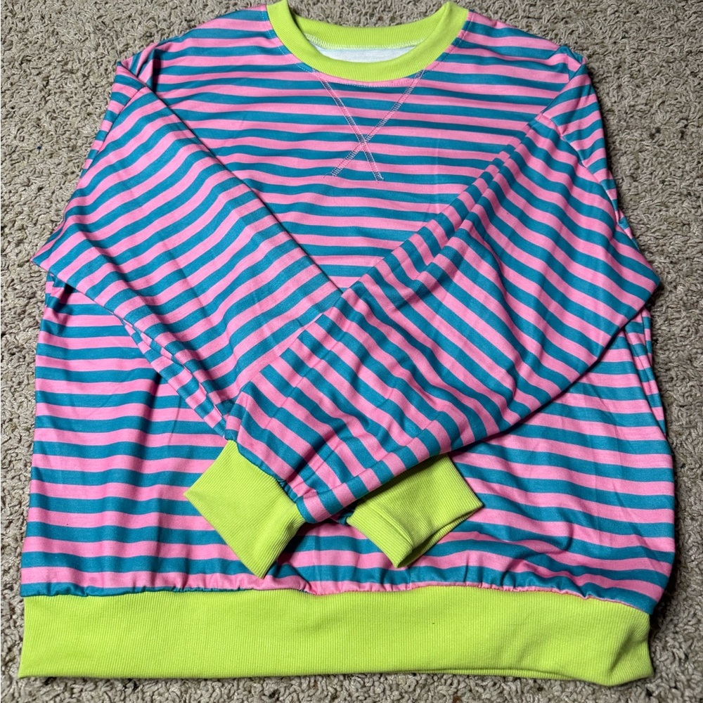 Striped Pink and Blue Sweatshirt with Neon Accents